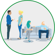 Illustration einer 4-köpfigen Erwachsenengruppe in Zweier-Gesprächen