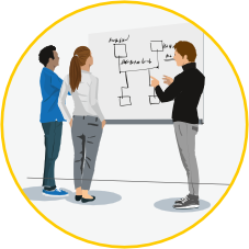 Illustration von Fachkräften im Gespräch vor einem Flipchart