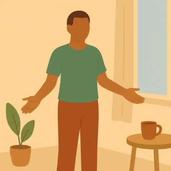 Mann in Zimmer zeigt seine freien Hände