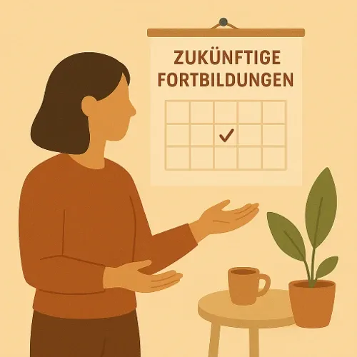 Frau vor Kalender mit dem Titel Zukünftige Fortbildungen