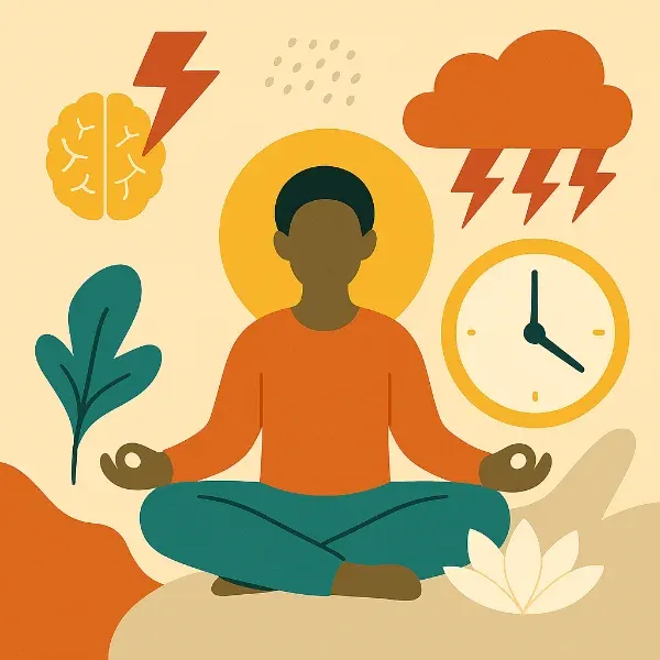 Person ruht in sich, trotzdem sie umgeben ist von Illustrationen Uhr, Blitz und Donner und Blüte