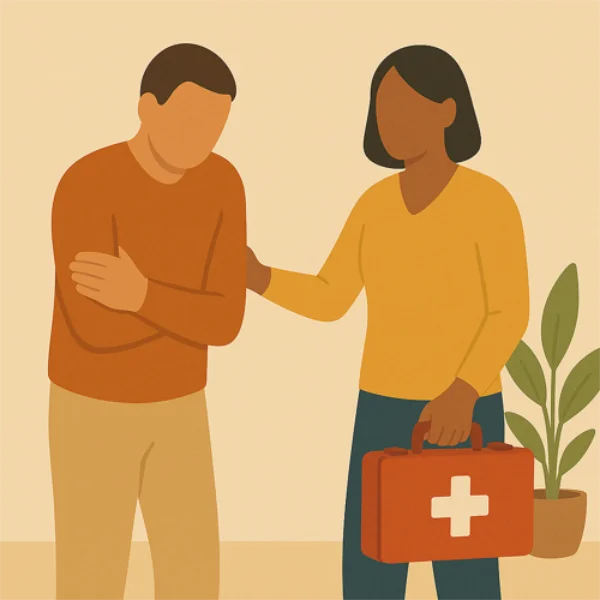 Betreuerin mit Notfallkoffer kümmert sich um Klienten