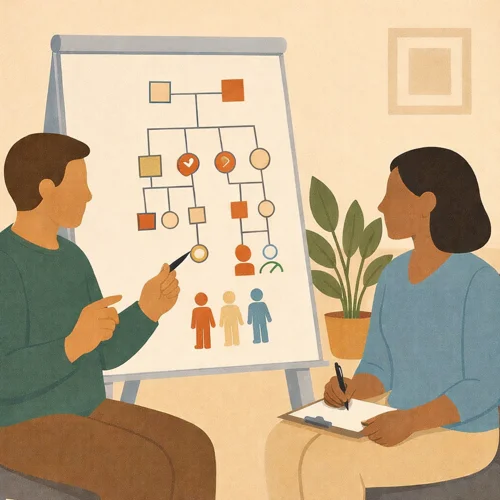 Zwei Fachkräfte vor einem Flipchart mit einer Familienskizze
