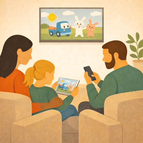 Eltern mit Kind vor einem Tablet und einem Handy