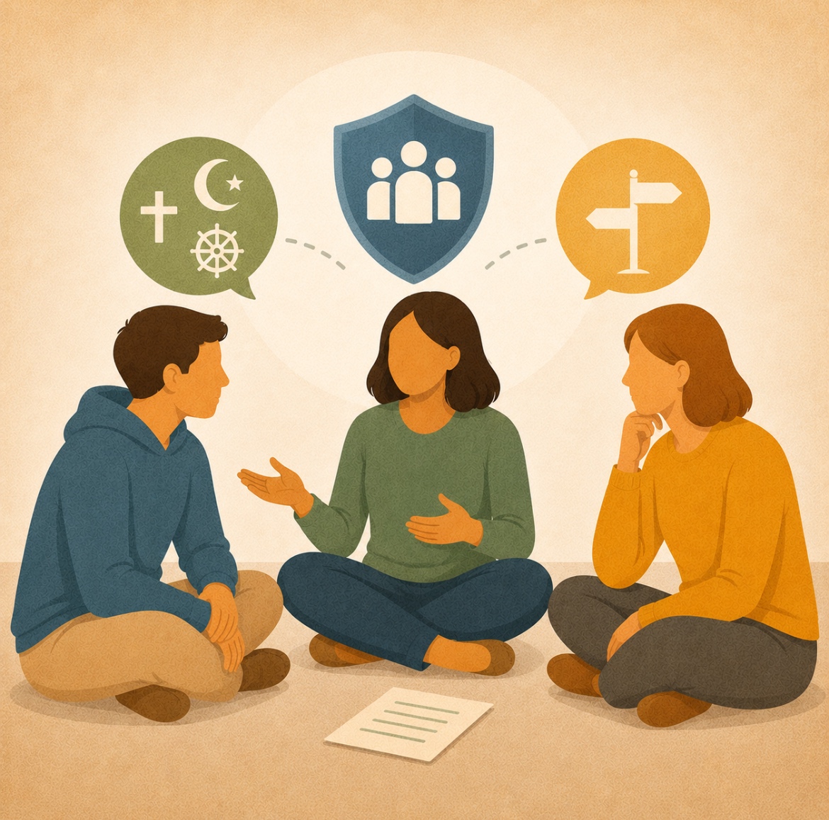 3 Jugendliche sitzen auf dem Boden über ihnen kirchliche Symbole