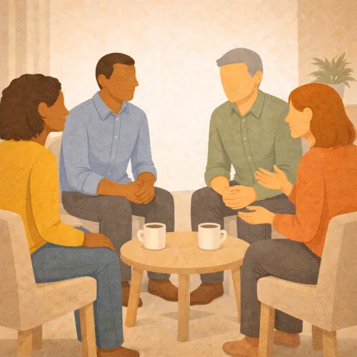 Vier Erwachsene sitzen an einem Tisch