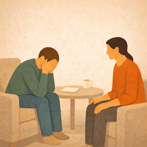 Person verdeckt sein gebeugtes Gesichtmit den Händen, daneben eine Person die auf sie schaut