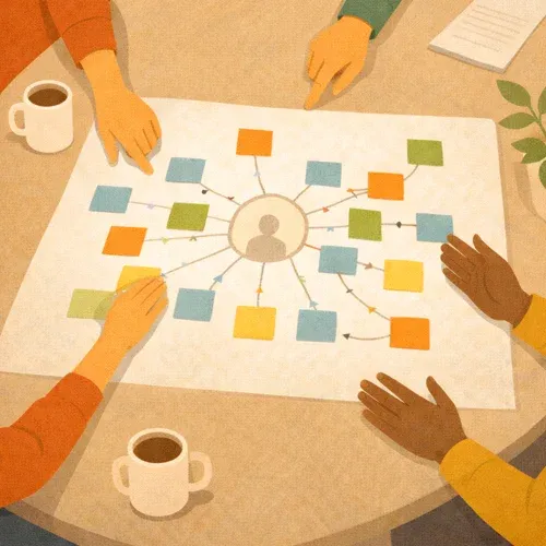 Die Hände von vier Personen zeigen auf eine Netwerkkarte, die auf einem Tisch liegt