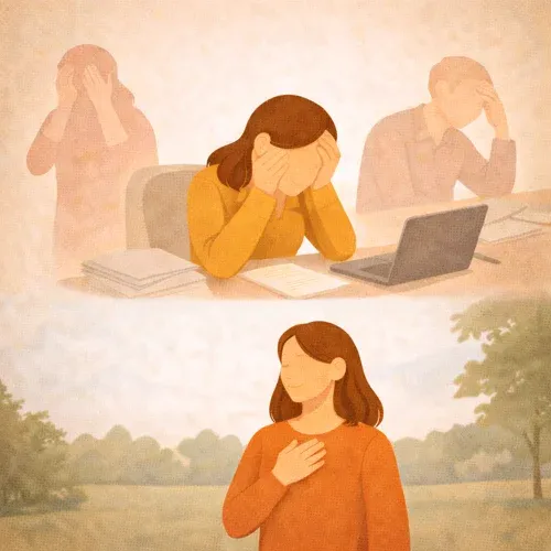 Drei Personen stützen ihre Köpfe mit ihren Händen, unterhalb der Szene eine der Personen mit aufrechter Haltung