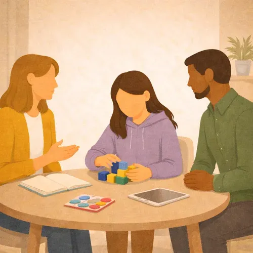 Zwei Fachkräfte beiderlei Geschlechts und ein Mädchen, das Bausteine anordnet