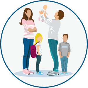 Illustration einer Familie mit 2 Erwachsenen und 3 Kindern 