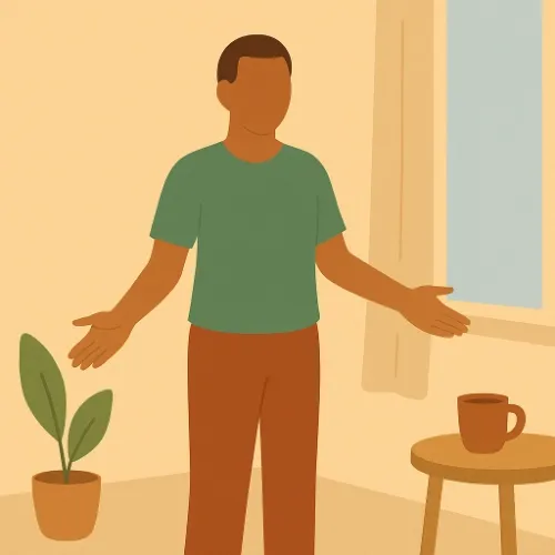 Mann in Zimmer zeigt seine freien Hände