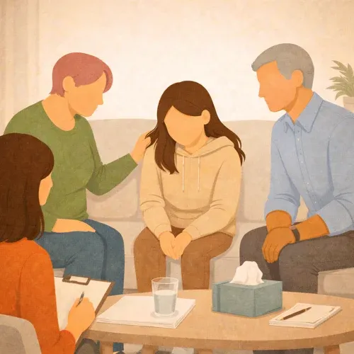 Beraterin und Eltern sprechen mit einem Mädchen