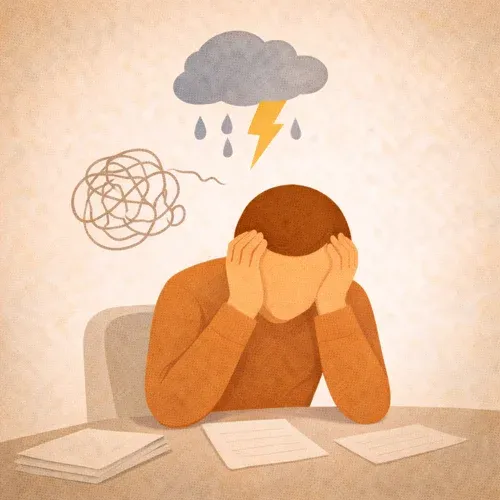 Person am Tisch stützt ihr Gesicht mit den Händen, darüber dunkle Wolken, Regentropfen und ein Blitzsymbol