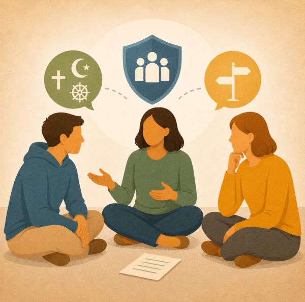 3 Jugendliche sitzen auf dem Boden über ihnen kirchliche Symbole