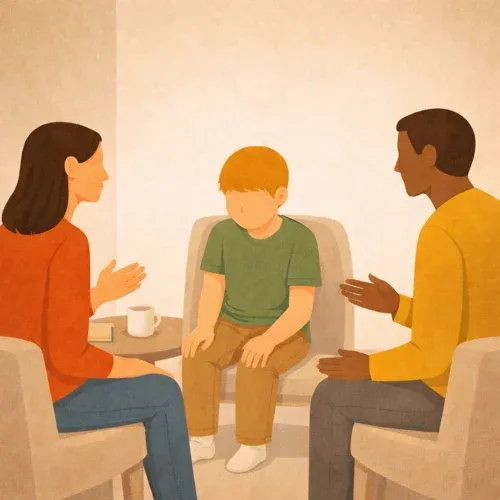 Zwei Erwachsene sprechen mit einem Kind