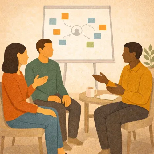 Eltern und Fachkraft im Austausch vor einem Flipchart mit einer Systemskizze